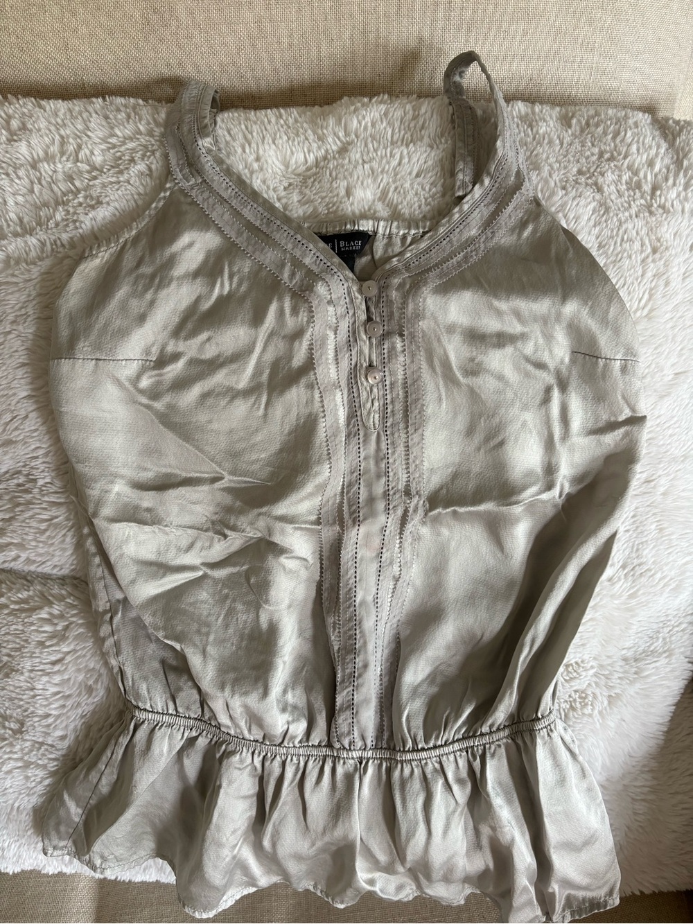 White House Black Market Light Gray (Silver) Ruffle-Hem Silk Tank